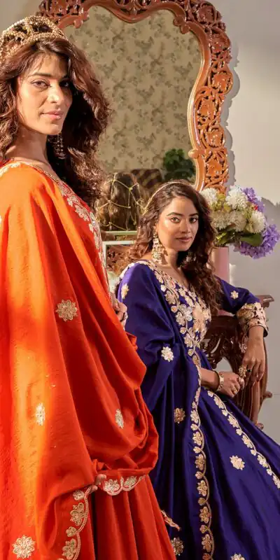 Ram 176 Orange Vichitra Silk Gown Perfect for Wedding, Party, Holi, Anniversary, Mehendi –. Grab it for ₹2049. Delivery 4-6 Working Days. Shop now. | Bollywood Gowns, Creative Gowns, Designer Gowns, Embroidered Gowns, Gowns, Party Wear Gowns