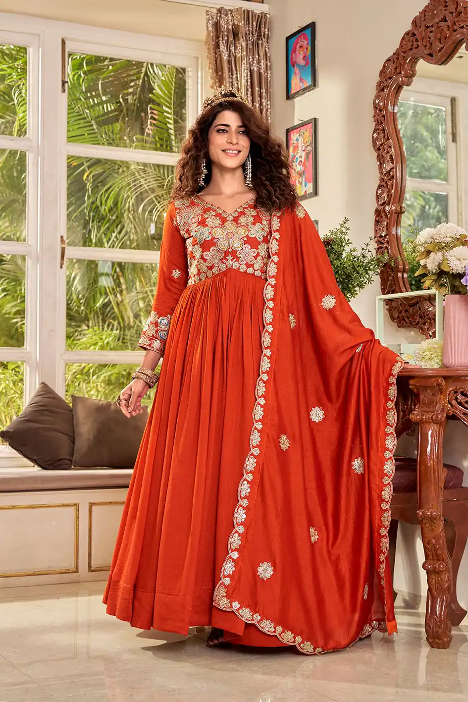 Ram 176 Orange Vichitra Silk Gown Perfect for Wedding, Party, Holi, Anniversary, Mehendi –. Grab it for ₹2049. Delivery 4-6 Working Days. Shop now. | Bollywood Gowns, Creative Gowns, Designer Gowns, Embroidered Gowns, Gowns, Party Wear Gowns