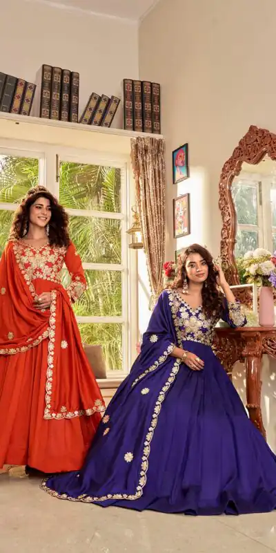 Ram 176 Purple Vichitra Silk Gown Perfect for Wedding, Party, Holi, Anniversary, Mehendi –. Grab it for ₹2049. Delivery 4-6 Working Days. Shop now. | Bollywood Gowns, Creative Gowns, Designer Gowns, Embroidered Gowns, Gowns, Party Wear Gowns