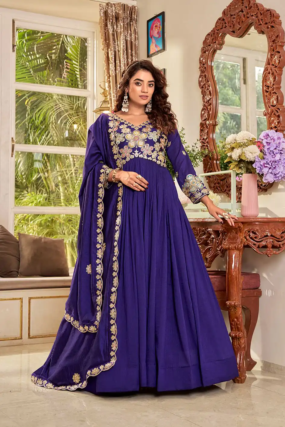 Ram 176 Purple Vichitra Silk Gown Perfect for Wedding, Party, Holi, Anniversary, Mehendi –. Grab it for ₹2049. Delivery 4-6 Working Days. Shop now. | Bollywood Gowns, Creative Gowns, Designer Gowns, Embroidered Gowns, Gowns, Party Wear Gowns