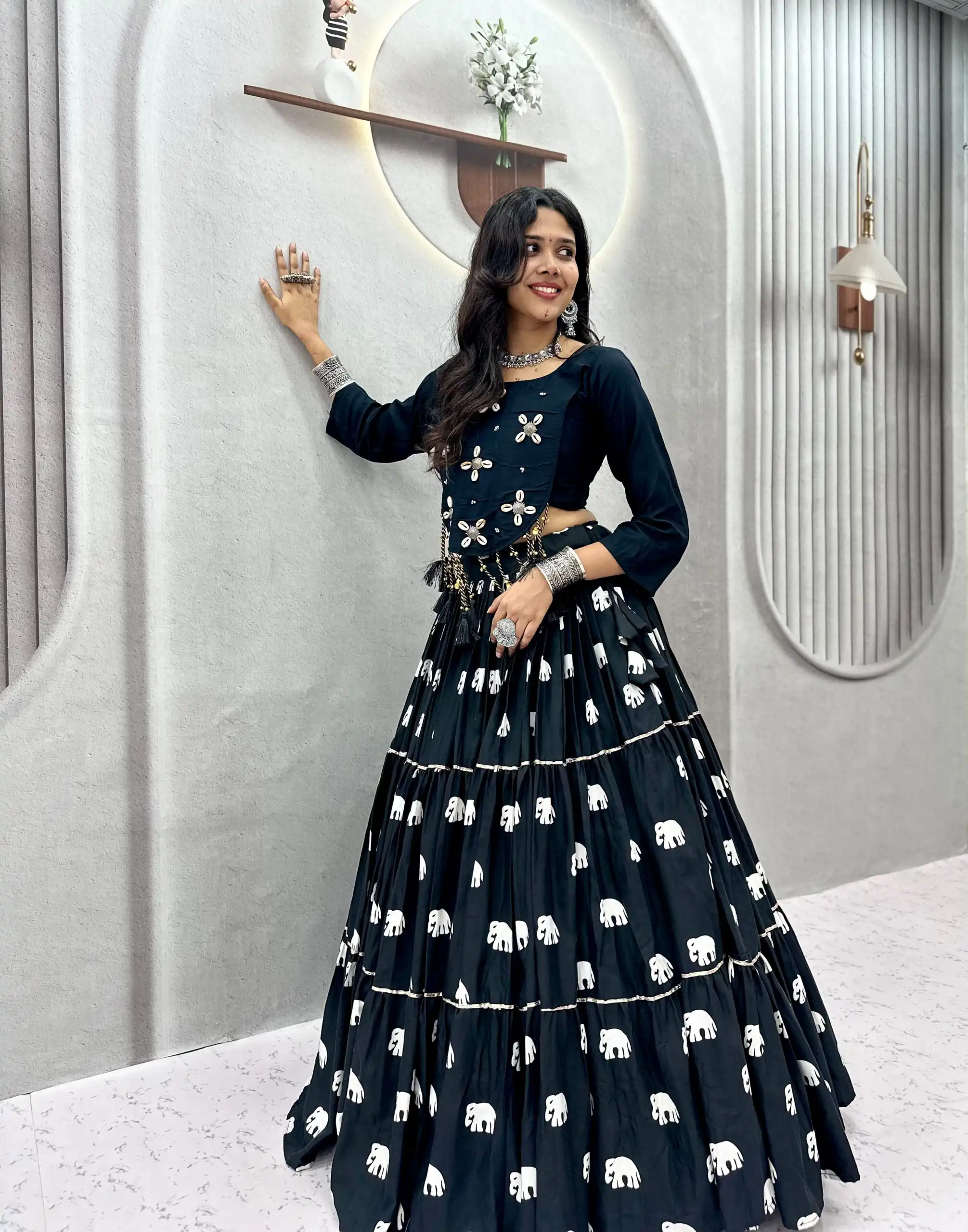 Stylish Black Pure Cotton Cowrie Work Lehenga Choli - Image 3