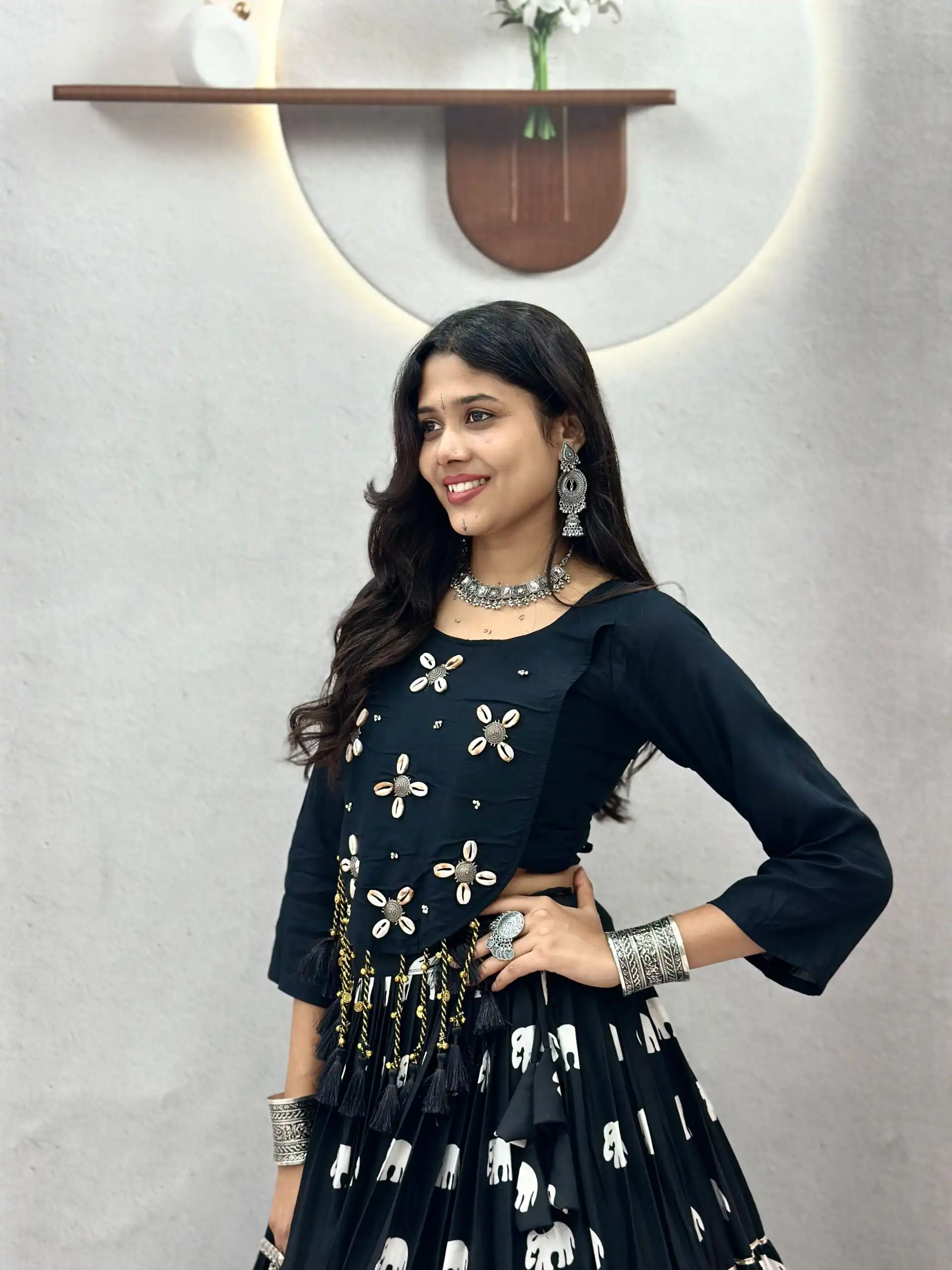 Stylish Black Pure Cotton Cowrie Work Lehenga Choli - Image 5