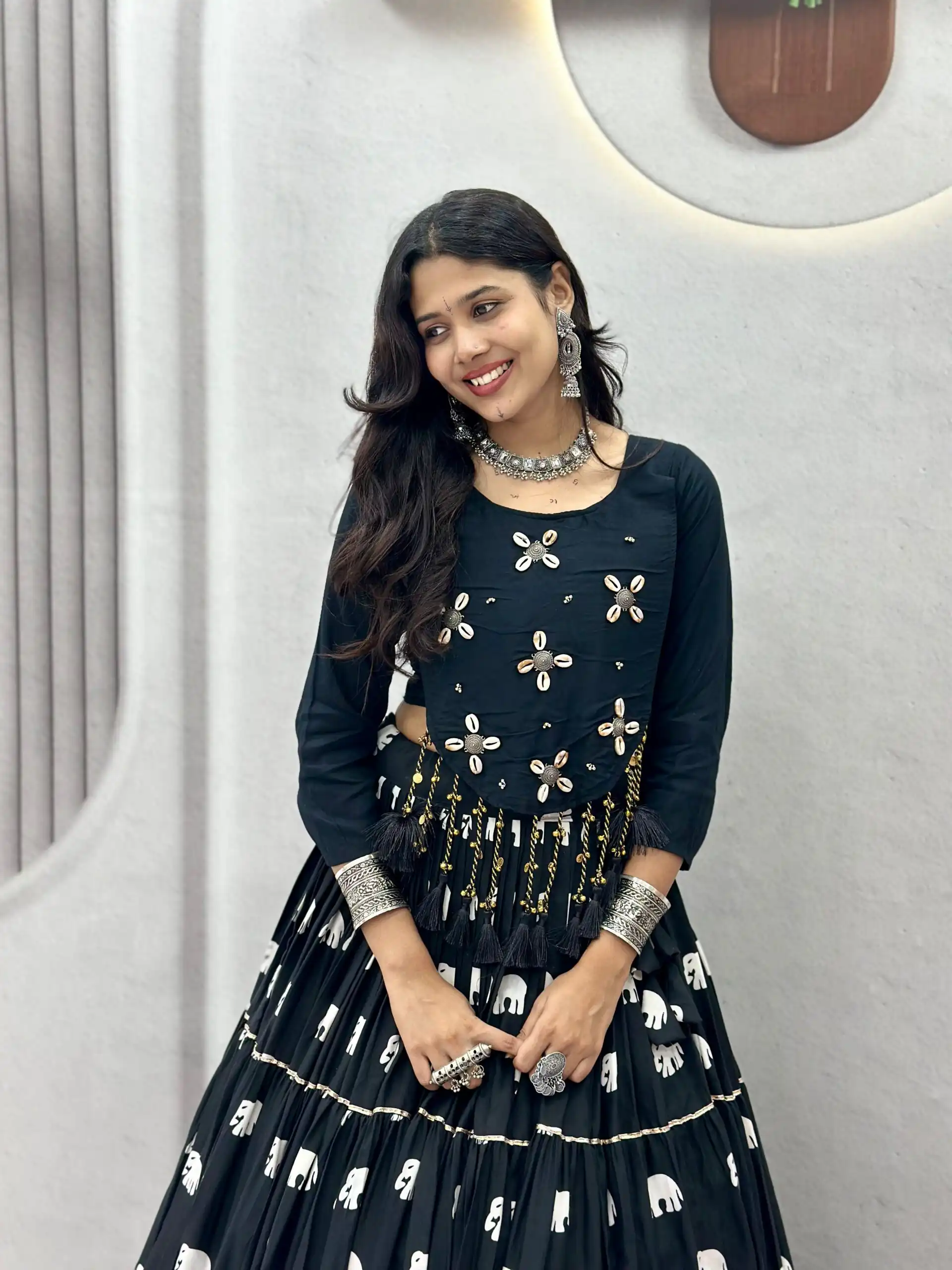 Stylish Black Pure Cotton Cowrie Work Lehenga Choli - Image 7