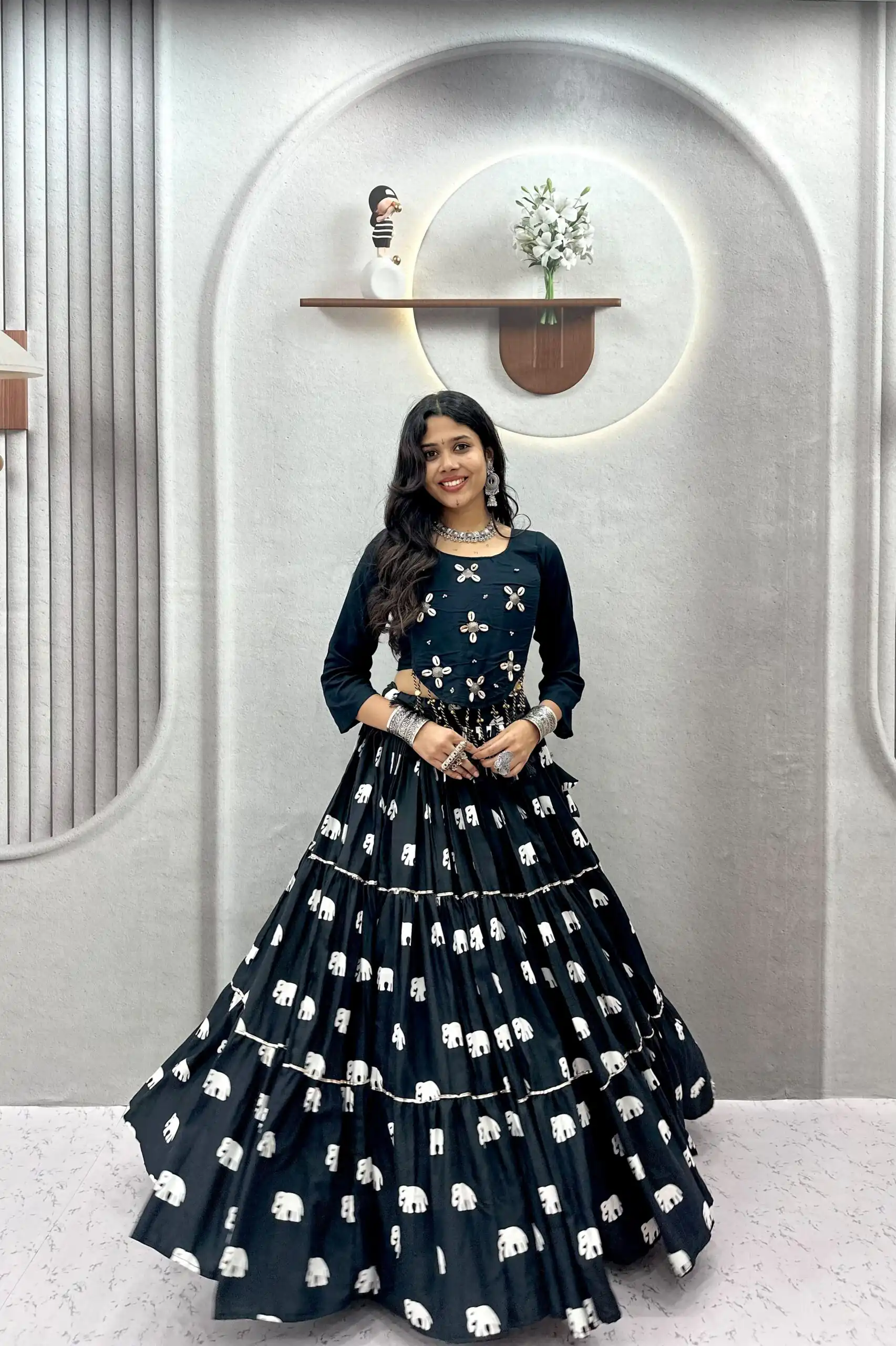 Ram 181 Black Color Pure Cotton Lehenga Choli with Cowrie Work. Festive Deal ₹2649. Delivery 4-6 Working Days. Online Shop now. | Bollywood Lehenga, Creative Lehenga, Designer Lehenga, Embroidered Lehenga, Lehenga, Party Wear Lehenga