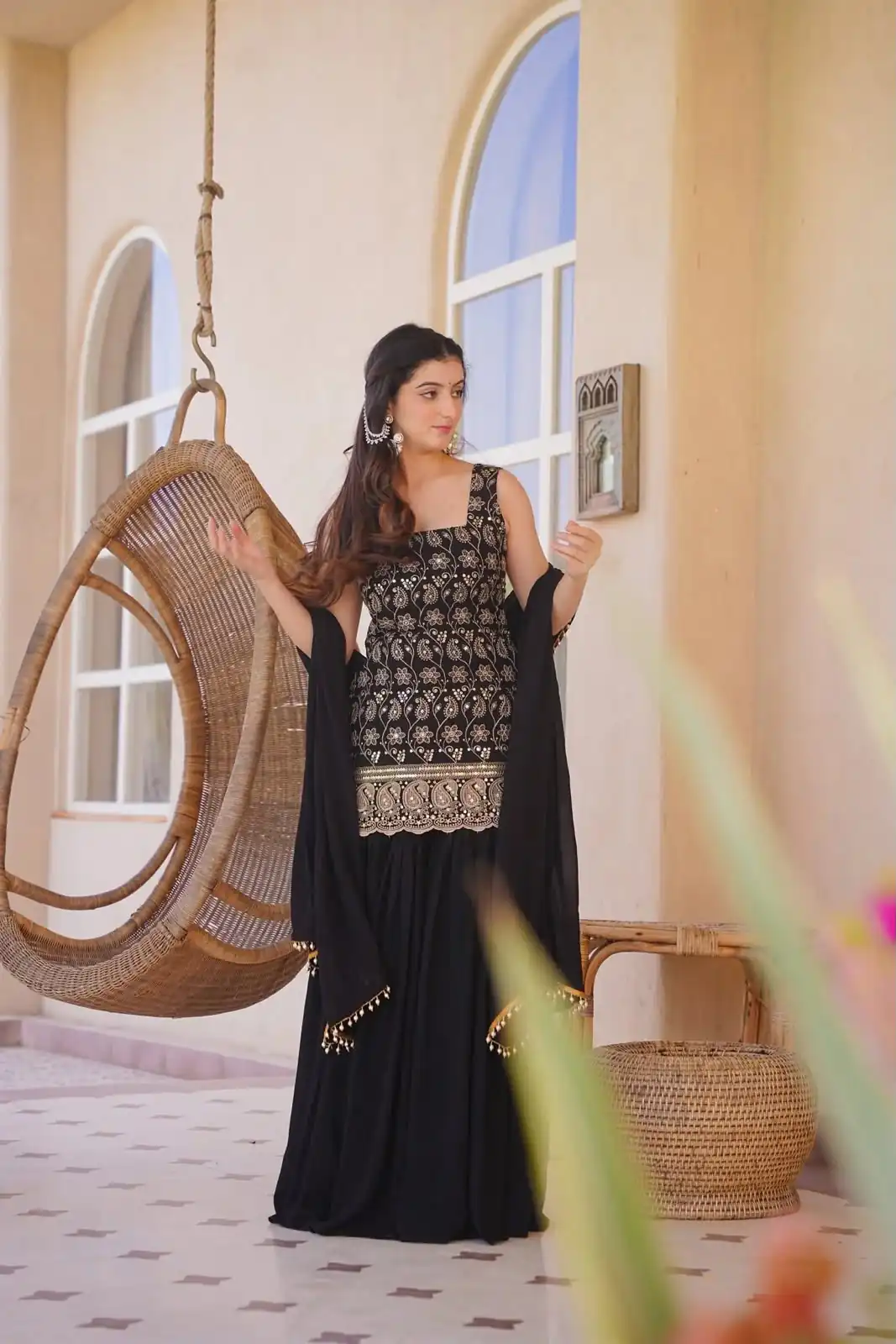 MD 3093 Black Blooming Faux Georgette Salwar Suit Perfect for Wedding, Party, Makar Sankranti, Baby Shower, Traditional Day – . Special Price ₹2149. Deliv | Jump Suits, Straight Suits, Casual Suits, Creative suits, Designer Suits, Palazzo Suits, Party Wear Suits, Patiala Suits, Salwar suit