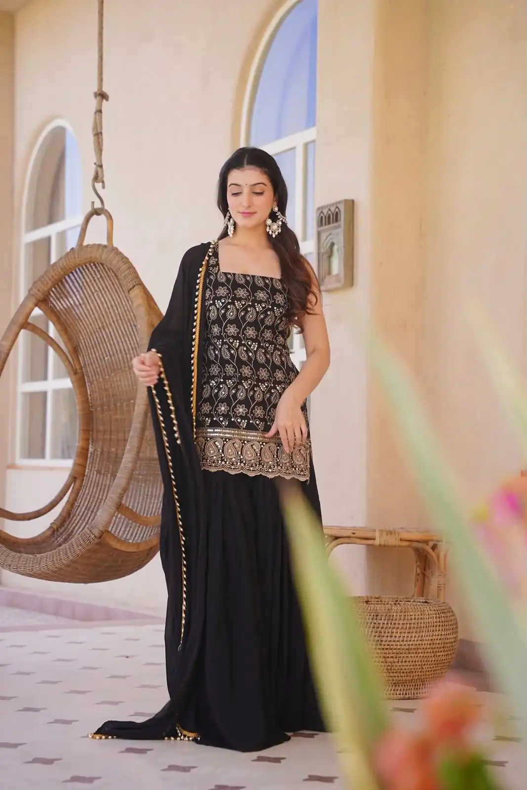 MD 3093 Black Blooming Faux Georgette Salwar Suit Perfect for Wedding, Party, Makar Sankranti, Baby Shower, Traditional Day – . Special Price ₹2149. Deliv | Jump Suits, Straight Suits, Casual Suits, Creative suits, Designer Suits, Palazzo Suits, Party Wear Suits, Patiala Suits, Salwar suit