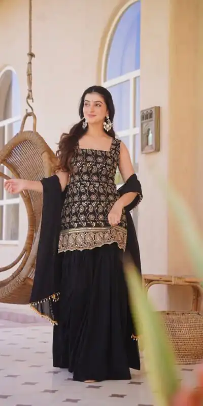 MD 3093 Black Blooming Faux Georgette Salwar Suit Perfect for Wedding, Party, Makar Sankranti, Baby Shower, Traditional Day – . Special Price ₹2149. Deliv | Jump Suits, Straight Suits, Casual Suits, Creative suits, Designer Suits, Palazzo Suits, Party Wear Suits, Patiala Suits, Salwar suit