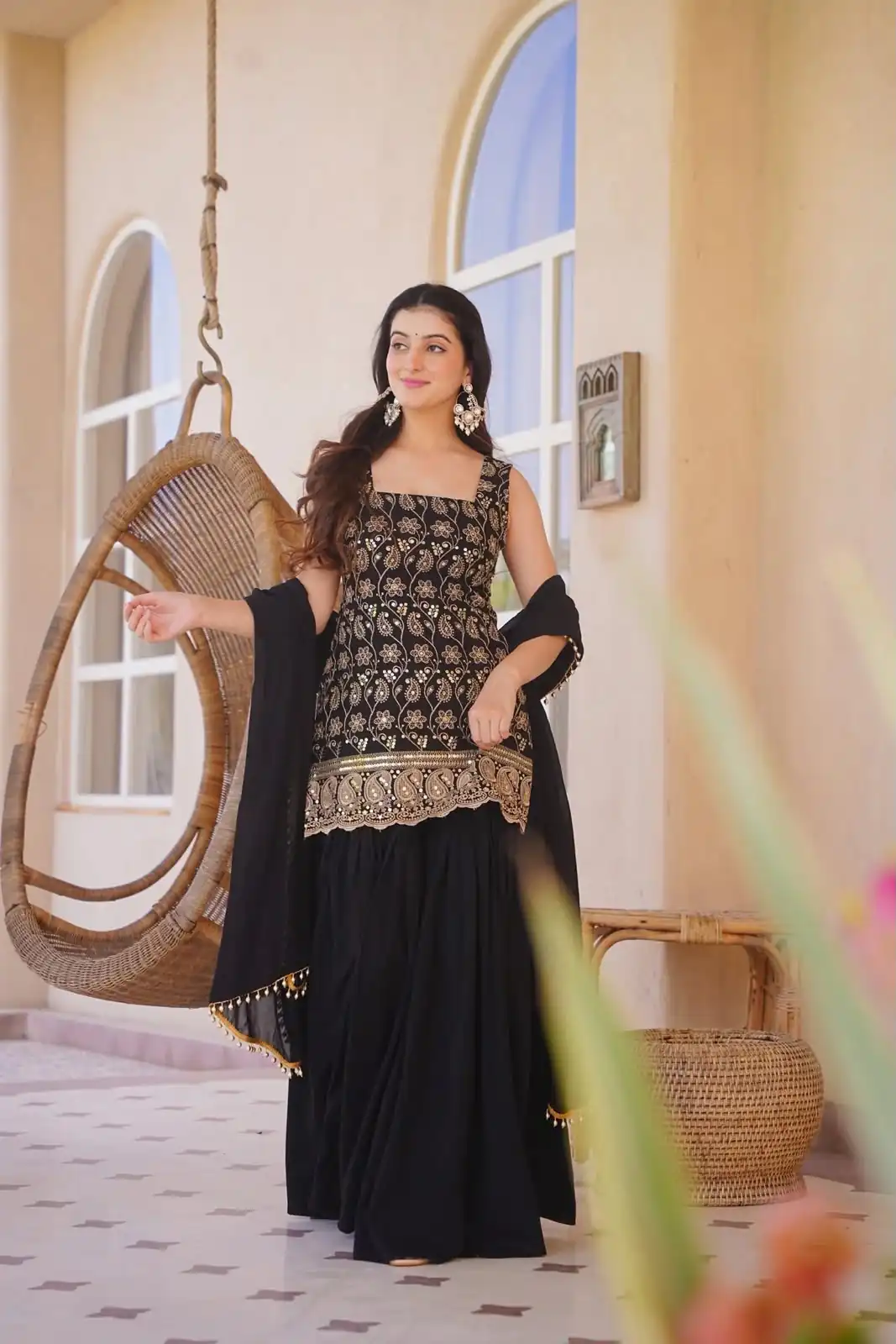 MD 3093 Black Blooming Faux Georgette Salwar Suit Perfect for Wedding, Party, Makar Sankranti, Baby Shower, Traditional Day – . Special Price ₹2149. Deliv | Jump Suits, Straight Suits, Casual Suits, Creative suits, Designer Suits, Palazzo Suits, Party Wear Suits, Patiala Suits, Salwar suit