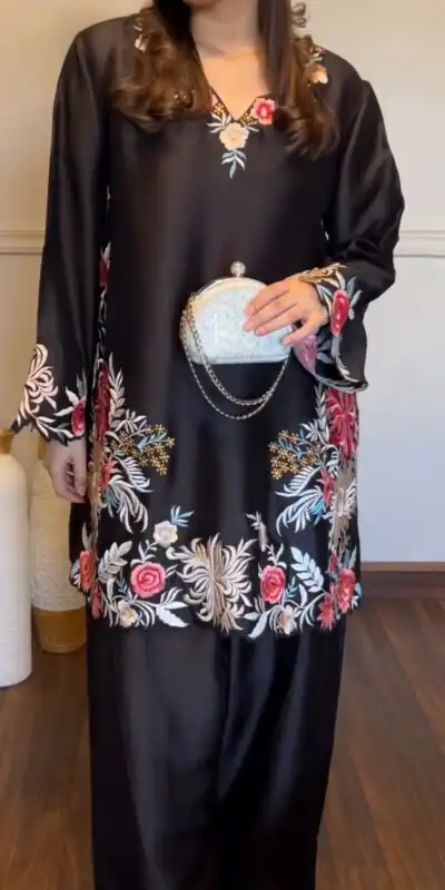 KD 1618 Black Rayon Satin Salwar Suit with Thread Embroidery. Affordable Price ₹1999. Delivery 4-6 Working Days. Shop now. | Jump Suits, Straight Suits, Casual Suits, Creative suits, Designer Suits, Palazzo Suits, Party Wear Suits, Patiala Suits, Salwar suit