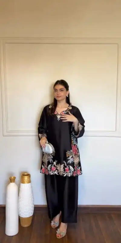 KD 1618 Black Rayon Satin Salwar Suit with Thread Embroidery. Affordable Price ₹1999. Delivery 4-6 Working Days. Shop now. | Jump Suits, Straight Suits, Casual Suits, Creative suits, Designer Suits, Palazzo Suits, Party Wear Suits, Patiala Suits, Salwar suit