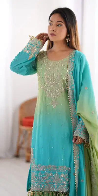 KD 1498 Green Color Chinon Silk Designer Work Salwar Suit in Get it for ₹2499. Delivery 4-6 Working Days. Online Shop now. | Jump Suits, Straight Suits, Casual Suits, Creative suits, Designer Suits, Palazzo Suits, Party Wear Suits, Patiala Suits, Salwar suit