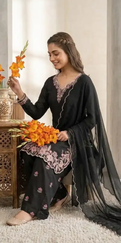 ND 5067 Black Vichitra Silk Salwar Suit with Embroidery Work. Wedding, Party, Festive, Events, Grab it for ₹2399. Delivery 4-6 Working Days. Shop now. | Jump Suits, Straight Suits, Casual Suits, Creative suits, Designer Suits, Palazzo Suits, Party Wear Suits, Patiala Suits, Salwar suit