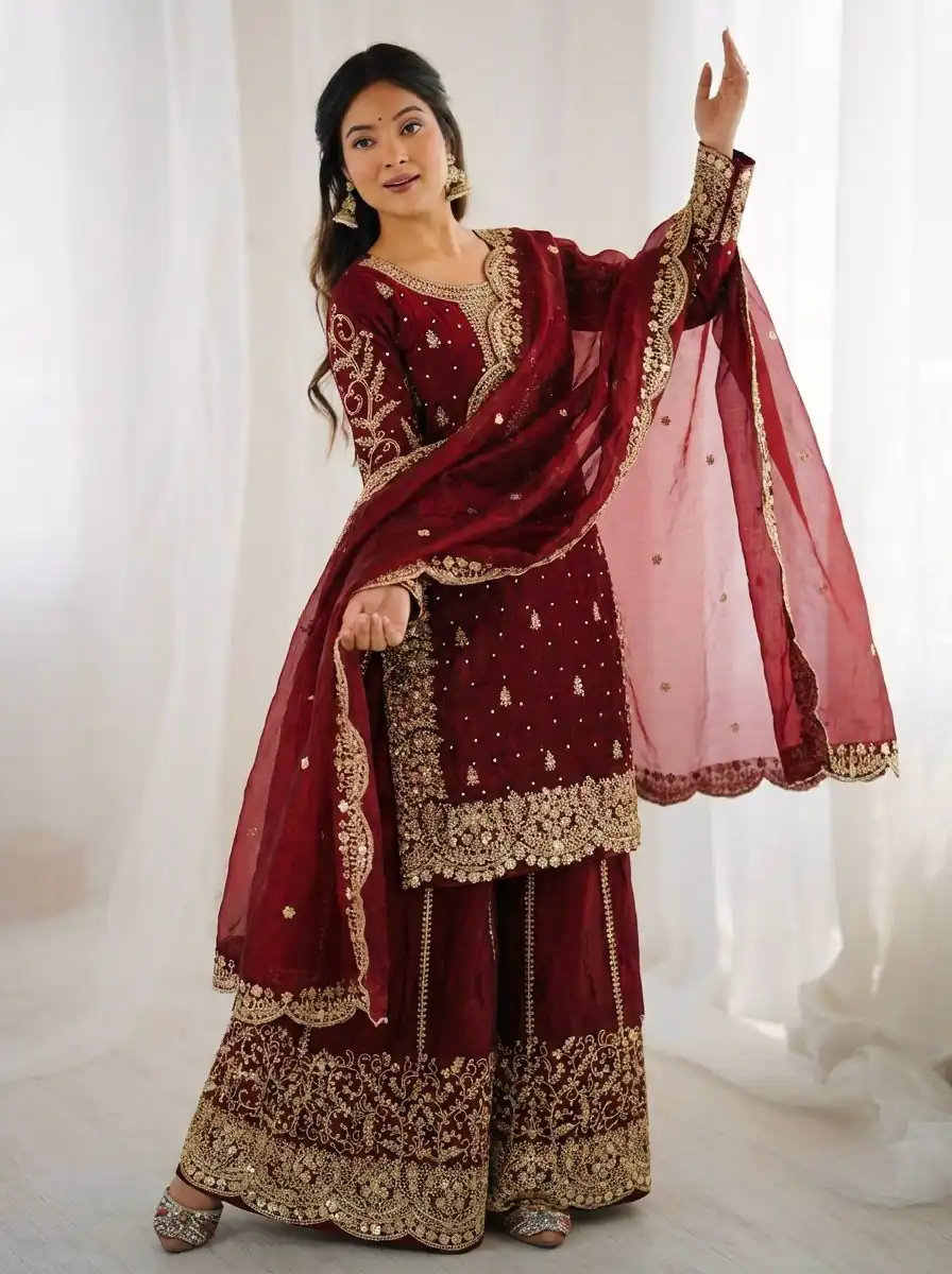 ZSR 3167 Maroon Fendy Silk Salwar Suitwith Embroidery Work & Lace Work. Now at just ₹2149. Delivery 4-6 Working Days. Shop now. | Jump Suits, Straight Suits, Casual Suits, Creative suits, Designer Suits, Palazzo Suits, Party Wear Suits, Patiala Suits, Salwar suit