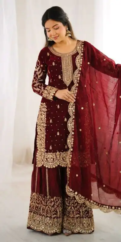 ZSR 3167 Maroon Fendy Silk Salwar Suitwith Embroidery Work & Lace Work. Now at just ₹2149. Delivery 4-6 Working Days. Shop now. | Jump Suits, Straight Suits, Casual Suits, Creative suits, Designer Suits, Palazzo Suits, Party Wear Suits, Patiala Suits, Salwar suit
