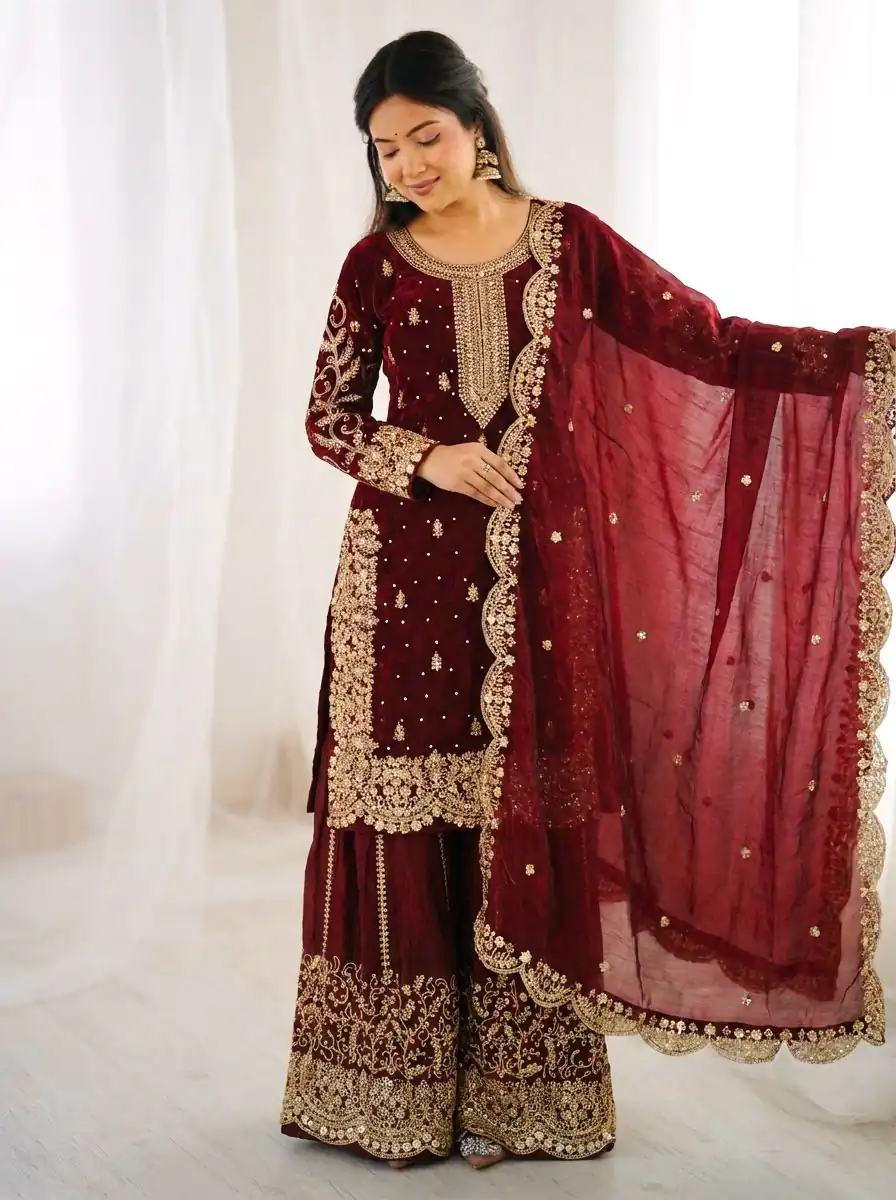 ZSR 3167 Maroon Fendy Silk Salwar Suitwith Embroidery Work & Lace Work. Now at just ₹2149. Delivery 4-6 Working Days. Shop now. | Jump Suits, Straight Suits, Casual Suits, Creative suits, Designer Suits, Palazzo Suits, Party Wear Suits, Patiala Suits, Salwar suit