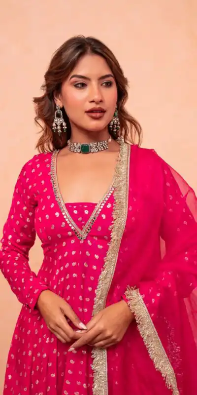 ZSR 3173 Pink Chanderi Jacquard Butti Salwar Suit with Mirror Work & Lace Work. Festive Deal ₹2049. Delivery 4-6 Working Days. Shop now. | Jump Suits, Straight Suits, Casual Suits, Creative suits, Designer Suits, Palazzo Suits, Party Wear Suits, Patiala Suits, Salwar suit
