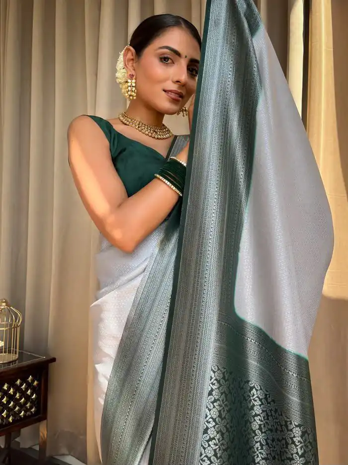 KPR 230 Silver Soft Lichi Silk Saree Perfect for Wedding, Party, Reception, Diwali, Ethnic Day – . Affordable Price ₹1449. Delivery 4-6 Working Days. | Bollywood Sarees, Creative Sarees, Designer Sarees, Embroidered Sarees, Ethnic Saree, Modern Digital sarees, Party Wear Sarees, Sarees