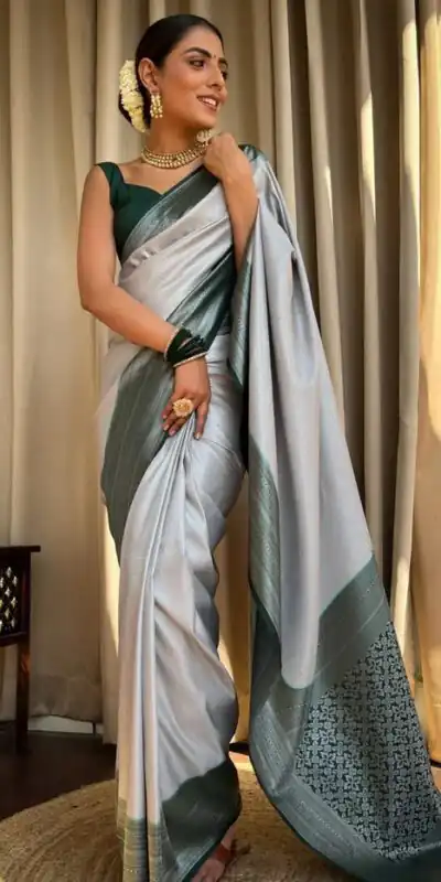 KPR 230 Silver Soft Lichi Silk Saree Perfect for Wedding, Party, Reception, Diwali, Ethnic Day – . Affordable Price ₹1449. Delivery 4-6 Working Days. | Bollywood Sarees, Creative Sarees, Designer Sarees, Embroidered Sarees, Ethnic Saree, Modern Digital sarees, Party Wear Sarees, Sarees