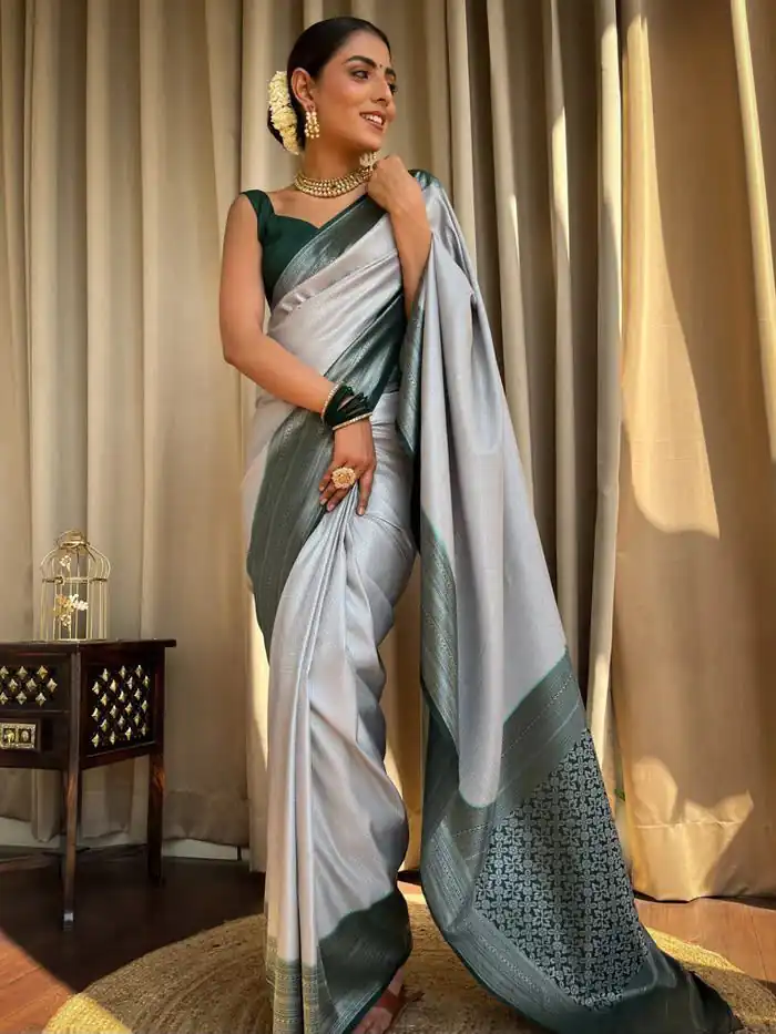 KPR 230 Silver Soft Lichi Silk Saree Perfect for Wedding, Party, Reception, Diwali, Ethnic Day – . Affordable Price ₹1449. Delivery 4-6 Working Days. | Bollywood Sarees, Creative Sarees, Designer Sarees, Embroidered Sarees, Ethnic Saree, Modern Digital sarees, Party Wear Sarees, Sarees