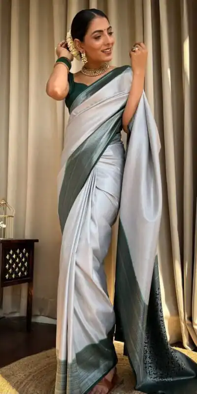 KPR 230 Silver Soft Lichi Silk Saree Perfect for Wedding, Party, Reception, Diwali, Ethnic Day – . Affordable Price ₹1449. Delivery 4-6 Working Days. | Bollywood Sarees, Creative Sarees, Designer Sarees, Embroidered Sarees, Ethnic Saree, Modern Digital sarees, Party Wear Sarees, Sarees