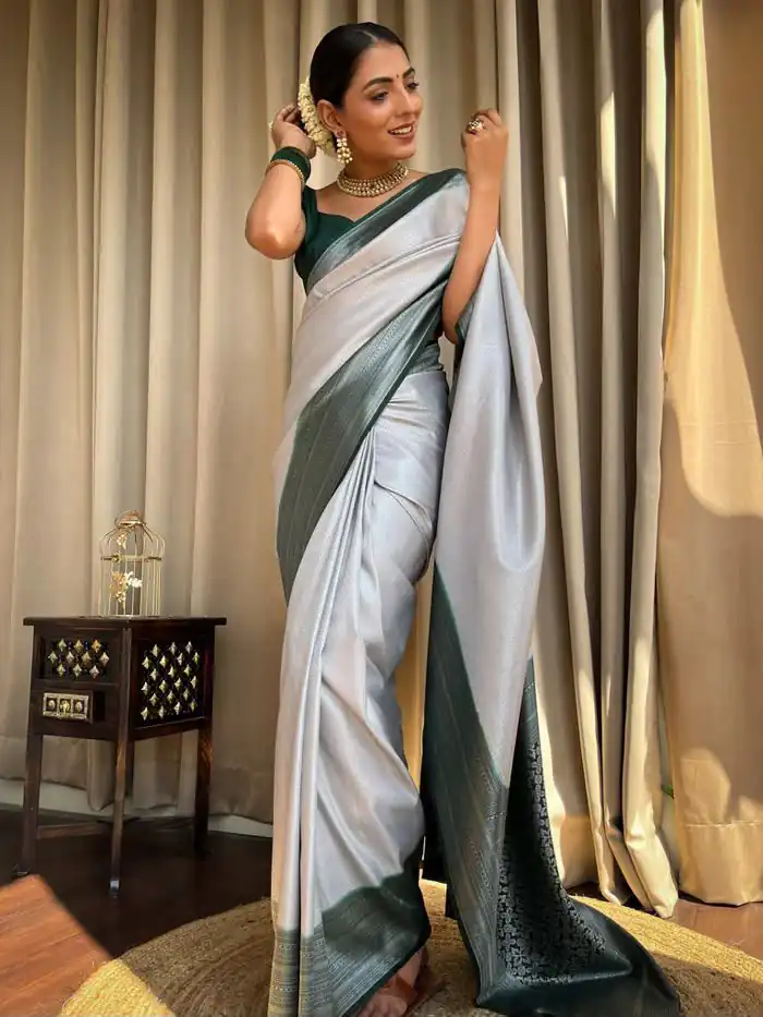 KPR 230 Silver Soft Lichi Silk Saree Perfect for Wedding, Party, Reception, Diwali, Ethnic Day – . Affordable Price ₹1449. Delivery 4-6 Working Days. | Bollywood Sarees, Creative Sarees, Designer Sarees, Embroidered Sarees, Ethnic Saree, Modern Digital sarees, Party Wear Sarees, Sarees