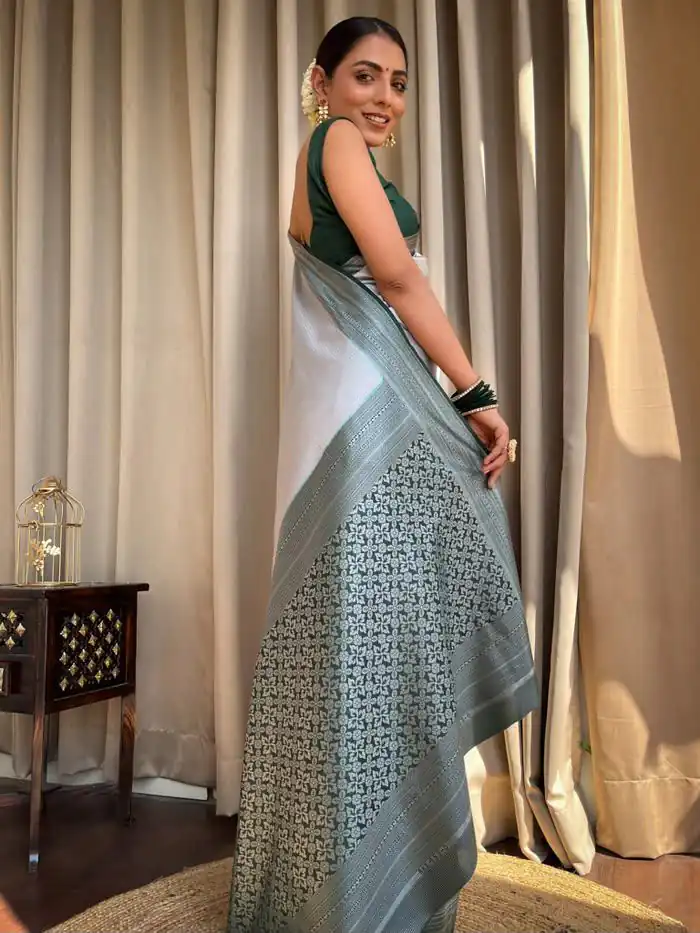 KPR 230 Silver Soft Lichi Silk Saree Perfect for Wedding, Party, Reception, Diwali, Ethnic Day – . Affordable Price ₹1449. Delivery 4-6 Working Days. | Bollywood Sarees, Creative Sarees, Designer Sarees, Embroidered Sarees, Ethnic Saree, Modern Digital sarees, Party Wear Sarees, Sarees