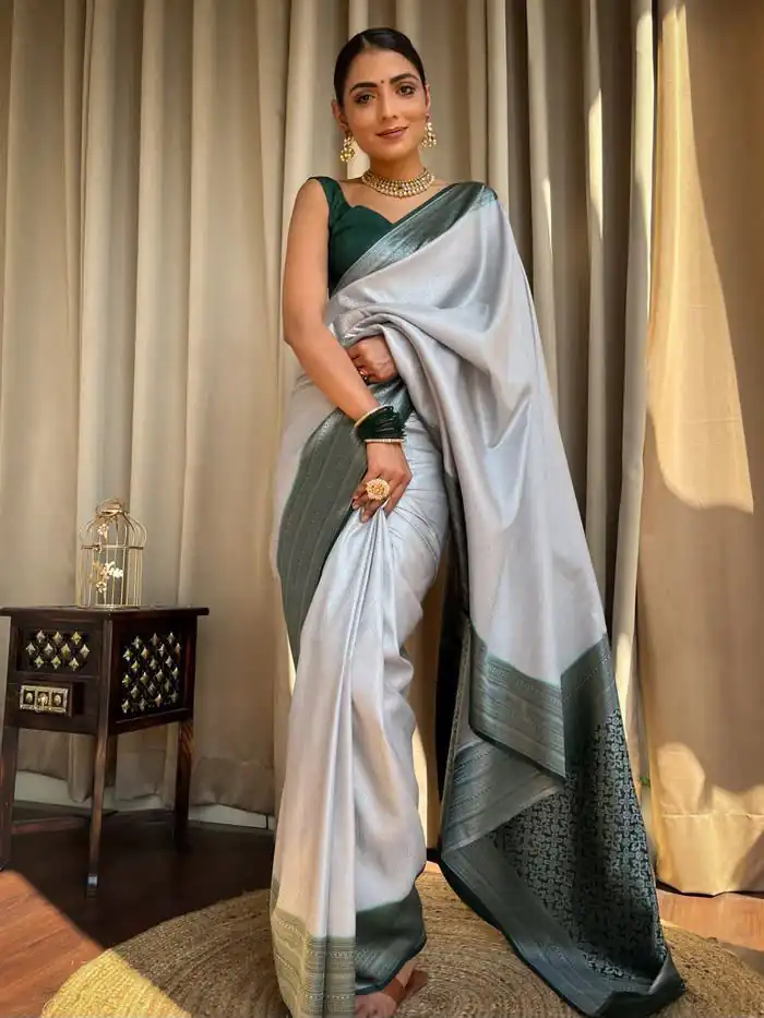 KPR 230 Silver Soft Lichi Silk Saree Perfect for Wedding, Party, Reception, Diwali, Ethnic Day – . Affordable Price ₹1449. Delivery 4-6 Working Days. | Bollywood Sarees, Creative Sarees, Designer Sarees, Embroidered Sarees, Ethnic Saree, Modern Digital sarees, Party Wear Sarees, Sarees