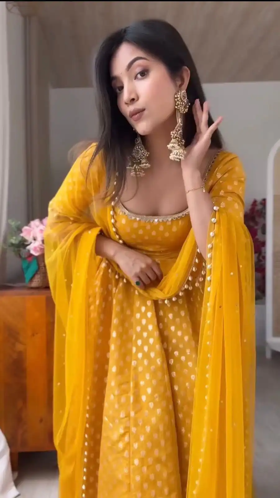 Super Yellow Chanderi Jacquard Butti Mirror Work Anarkali Suit - Image 2