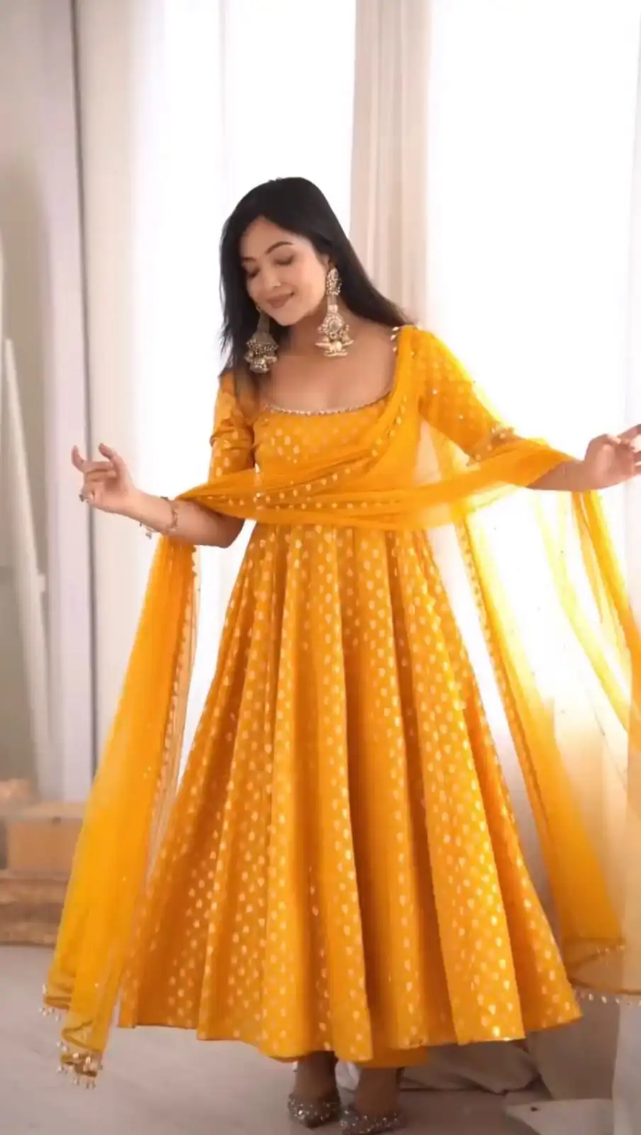 Super Yellow Chanderi Jacquard Butti Mirror Work Anarkali Suit - Image 6