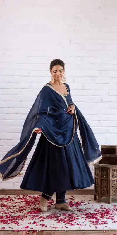 SRK 5324 Navy Blue Color Vichitra silk Gown with Bead Work & Lace Work. Now at just ₹1749. Delivery 4-6 Working Days. Shop now. | Bollywood Gowns, Creative Gowns, Designer Gowns, Embroidered Gowns, Gowns, Party Wear Gowns