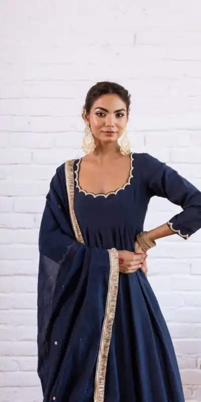 SRK 5324 Navy Blue Color Vichitra silk Gown with Bead Work & Lace Work. Now at just ₹1749. Delivery 4-6 Working Days. Shop now. | Bollywood Gowns, Creative Gowns, Designer Gowns, Embroidered Gowns, Gowns, Party Wear Gowns