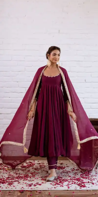 SRK 5324 Wine Color Vichitra silk Gown with Bead Work & Lace Work. Now at just ₹1749. Delivery 4-6 Working Days. Shop now. | Bollywood Gowns, Creative Gowns, Designer Gowns, Embroidered Gowns, Gowns, Party Wear Gowns