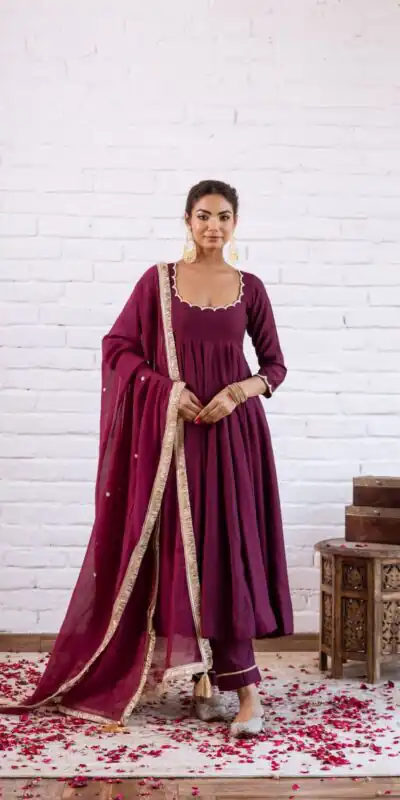 SRK 5324 Wine Color Vichitra silk Gown with Bead Work & Lace Work. Now at just ₹1749. Delivery 4-6 Working Days. Shop now. | Bollywood Gowns, Creative Gowns, Designer Gowns, Embroidered Gowns, Gowns, Party Wear Gowns