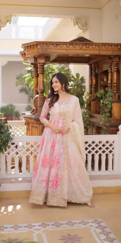 KA 1243 CreamColor Russian Silk Gown with Zari Work & Embroidery Work. Now at just ₹2499. Delivery 4-6 Working Days. Shop now. | Bollywood Gowns, Creative Gowns, Designer Gowns, Embroidered Gowns, Gowns, Party Wear Gowns