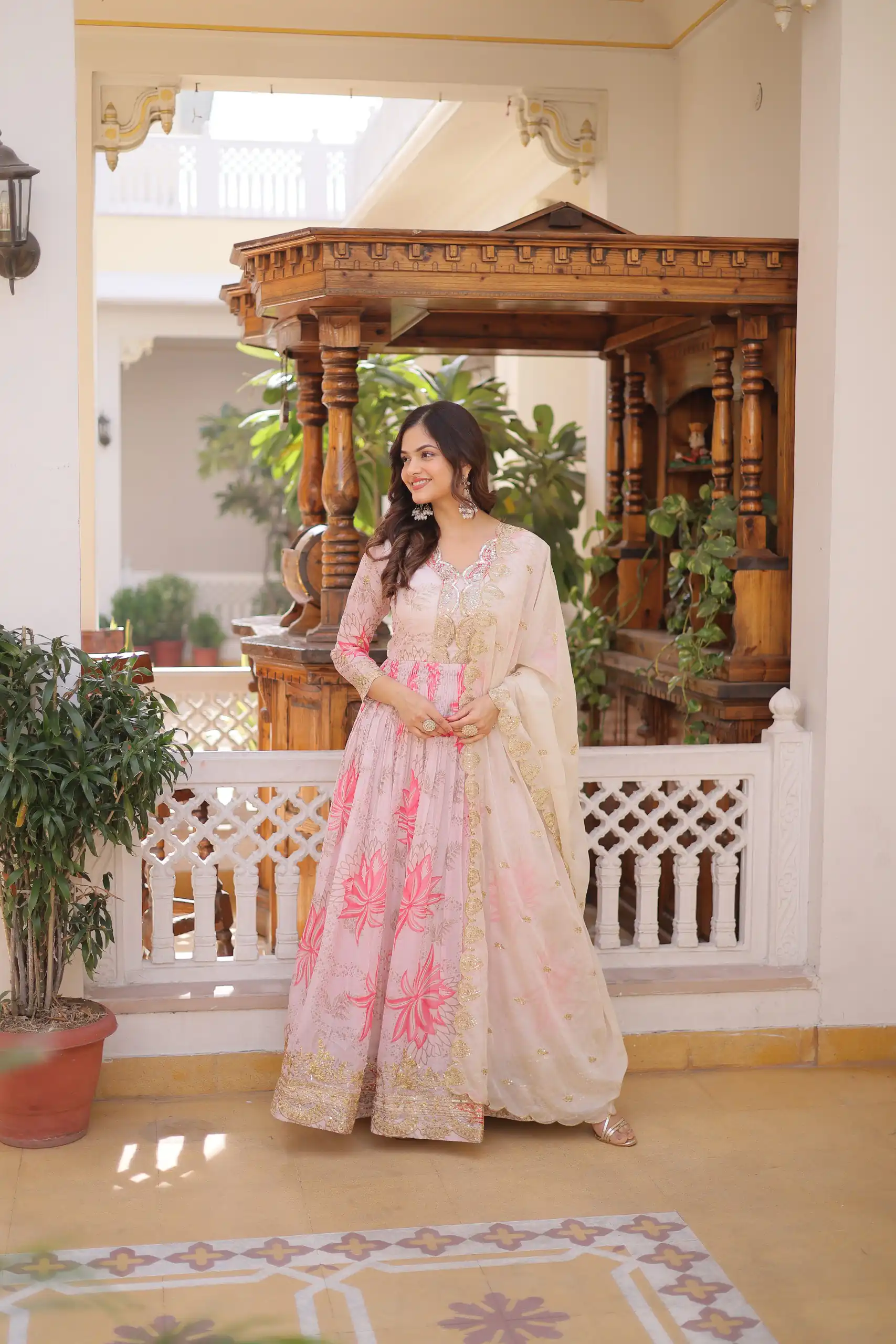 KA 1243 CreamColor Russian Silk Gown with Zari Work & Embroidery Work. Now at just ₹2499. Delivery 4-6 Working Days. Shop now. | Bollywood Gowns, Creative Gowns, Designer Gowns, Embroidered Gowns, Gowns, Party Wear Gowns