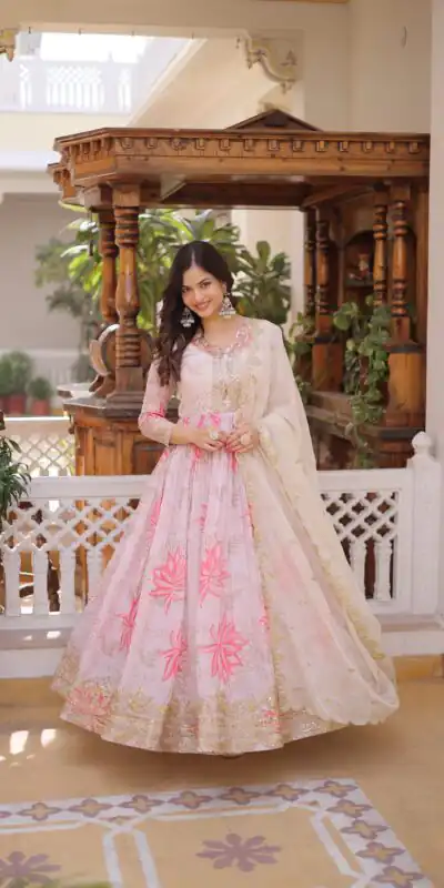 KA 1243 CreamColor Russian Silk Gown with Zari Work & Embroidery Work. Now at just ₹2499. Delivery 4-6 Working Days. Shop now. | Bollywood Gowns, Creative Gowns, Designer Gowns, Embroidered Gowns, Gowns, Party Wear Gowns