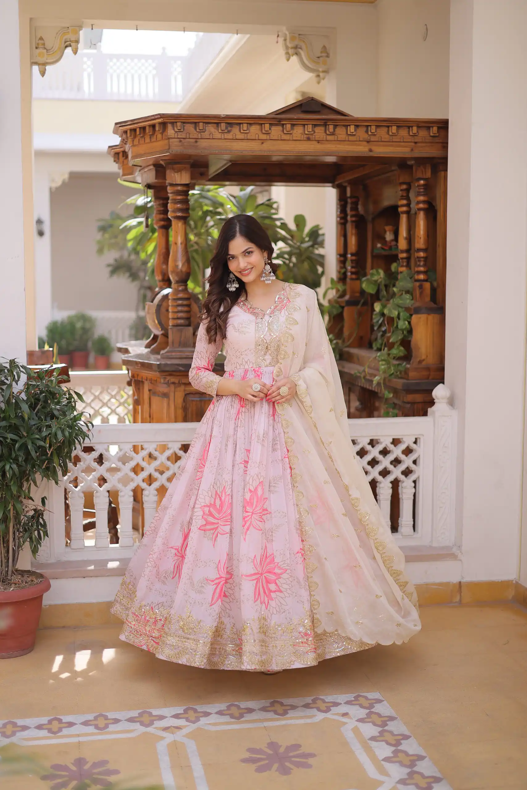 KA 1243 CreamColor Russian Silk Gown with Zari Work & Embroidery Work. Now at just ₹2499. Delivery 4-6 Working Days. Shop now. | Bollywood Gowns, Creative Gowns, Designer Gowns, Embroidered Gowns, Gowns, Party Wear Gowns