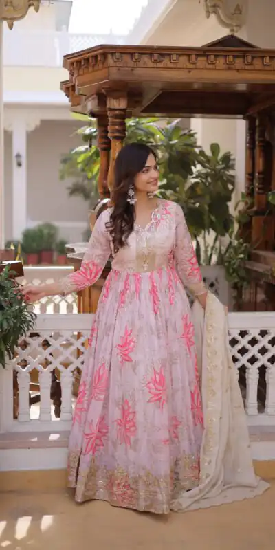 KA 1243 CreamColor Russian Silk Gown with Zari Work & Embroidery Work. Now at just ₹2499. Delivery 4-6 Working Days. Shop now. | Bollywood Gowns, Creative Gowns, Designer Gowns, Embroidered Gowns, Gowns, Party Wear Gowns
