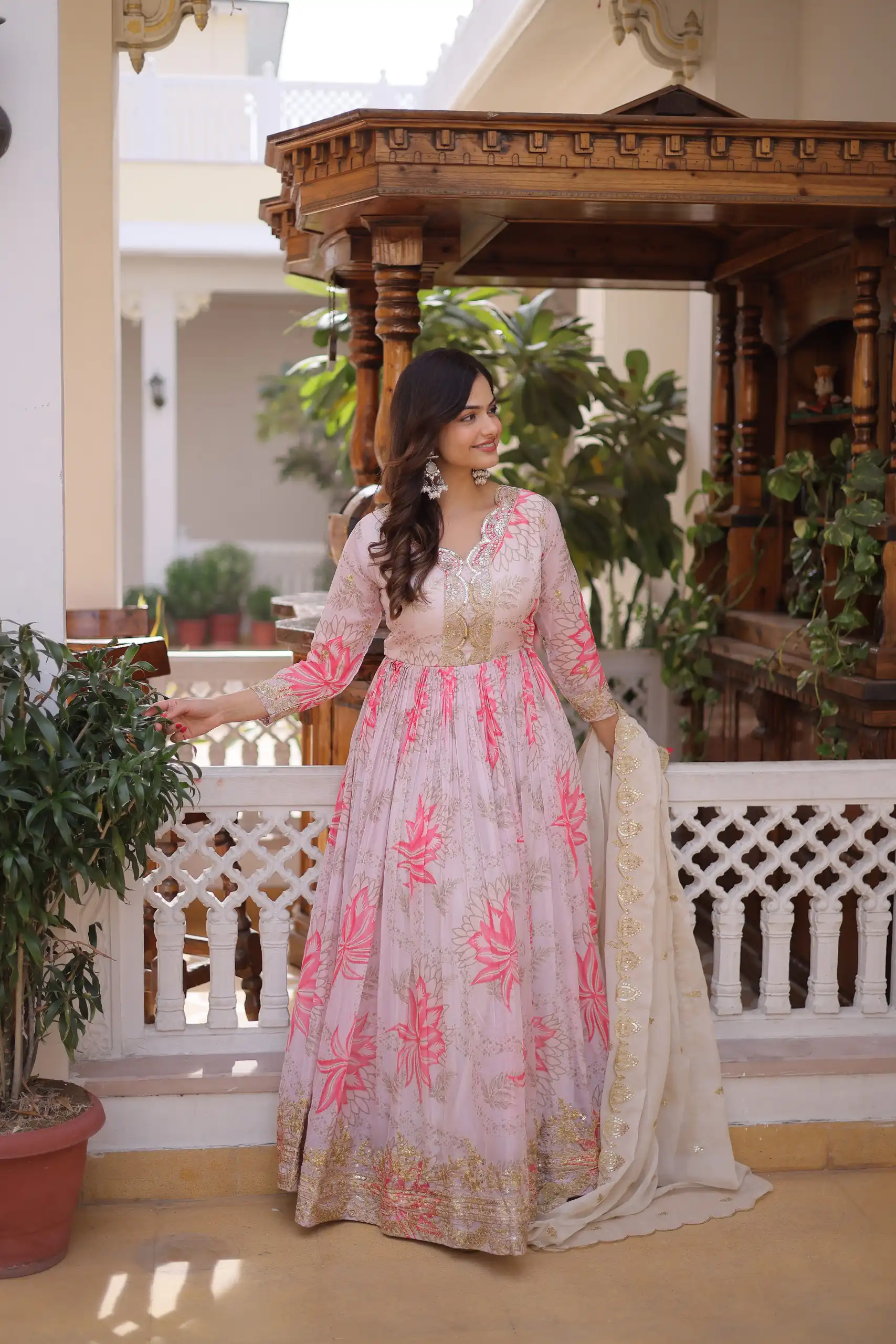 KA 1243 CreamColor Russian Silk Gown with Zari Work & Embroidery Work. Now at just ₹2499. Delivery 4-6 Working Days. Shop now. | Bollywood Gowns, Creative Gowns, Designer Gowns, Embroidered Gowns, Gowns, Party Wear Gowns
