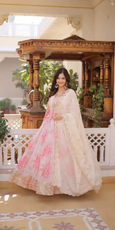 KA 1243 CreamColor Russian Silk Gown with Zari Work & Embroidery Work. Now at just ₹2499. Delivery 4-6 Working Days. Shop now. | Bollywood Gowns, Creative Gowns, Designer Gowns, Embroidered Gowns, Gowns, Party Wear Gowns
