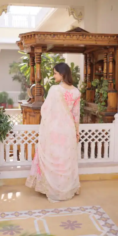 KA 1243 CreamColor Russian Silk Gown with Zari Work & Embroidery Work. Now at just ₹2499. Delivery 4-6 Working Days. Shop now. | Bollywood Gowns, Creative Gowns, Designer Gowns, Embroidered Gowns, Gowns, Party Wear Gowns