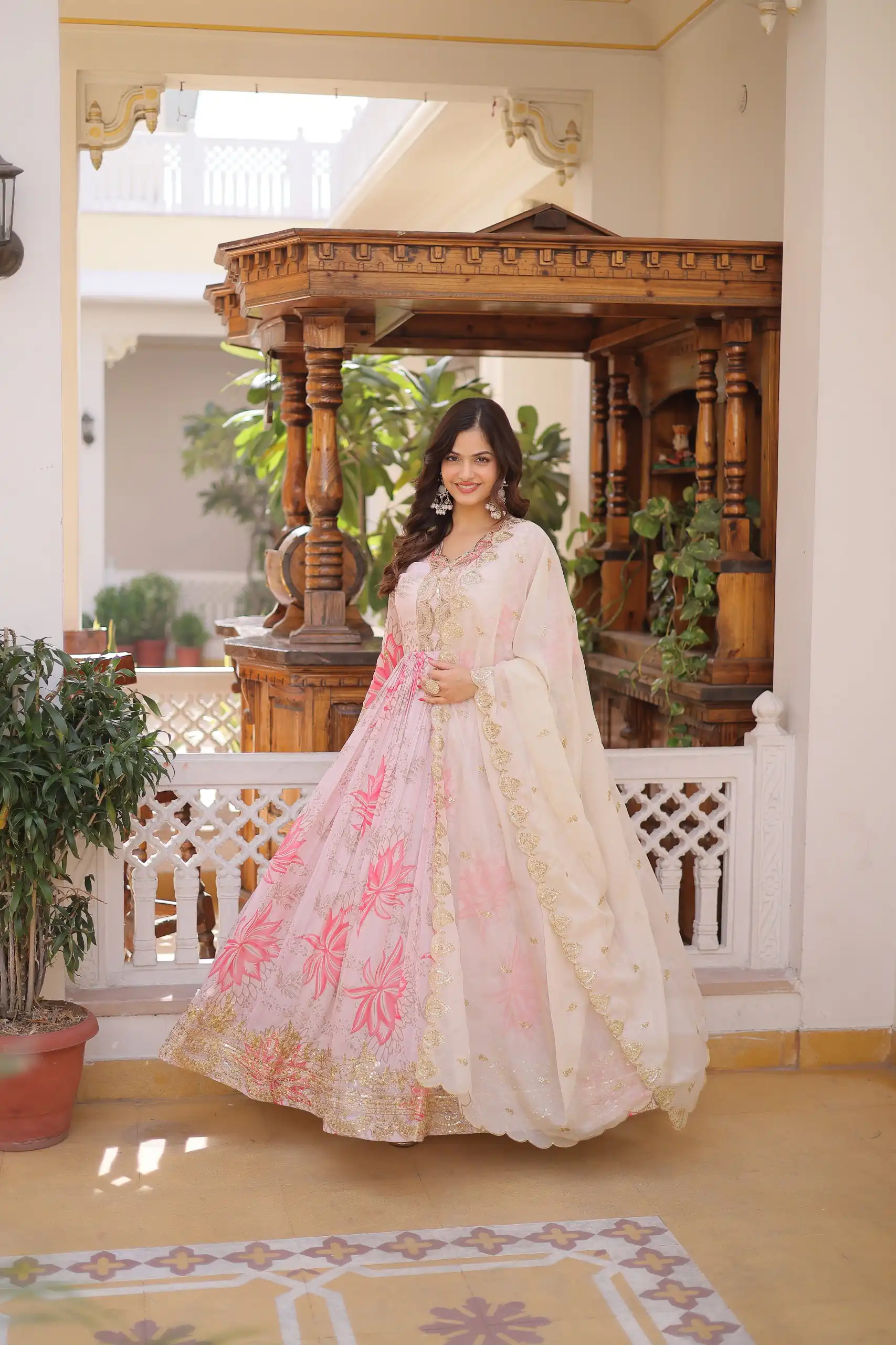KA 1243 CreamColor Russian Silk Gown with Zari Work & Embroidery Work. Now at just ₹2499. Delivery 4-6 Working Days. Shop now. | Bollywood Gowns, Creative Gowns, Designer Gowns, Embroidered Gowns, Gowns, Party Wear Gowns