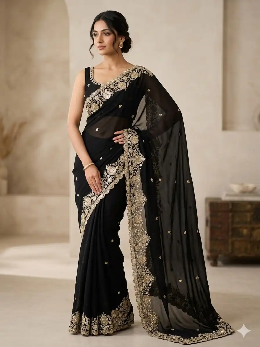 JR 670 Black in Space Silk Embroidery Work & Zari Work Saree . Available at ₹1949 only. Delivery 4-6 Working Days. Shop now. | Bollywood Sarees, Creative Sarees, Designer Sarees, Embroidered Sarees, Ethnic Saree, Modern Digital sarees, Party Wear Sarees, Sarees