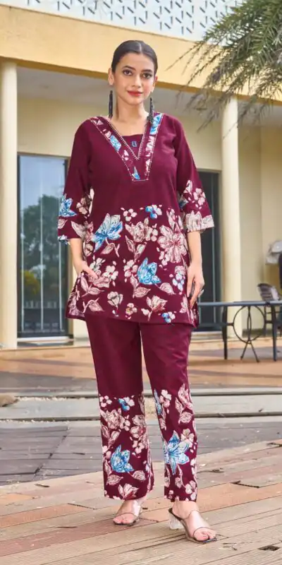 DIVA 128 Maroon Color Cotton Kurti with Printed Designer Work. Exclusive Offer ₹1749. Delivery 4-6 Working Days. Online Shop now. | Bollywood Kurti, Creative Kurtis, Designer Kurti, Kurti, Party Wear Kurti, Selfie Kurti