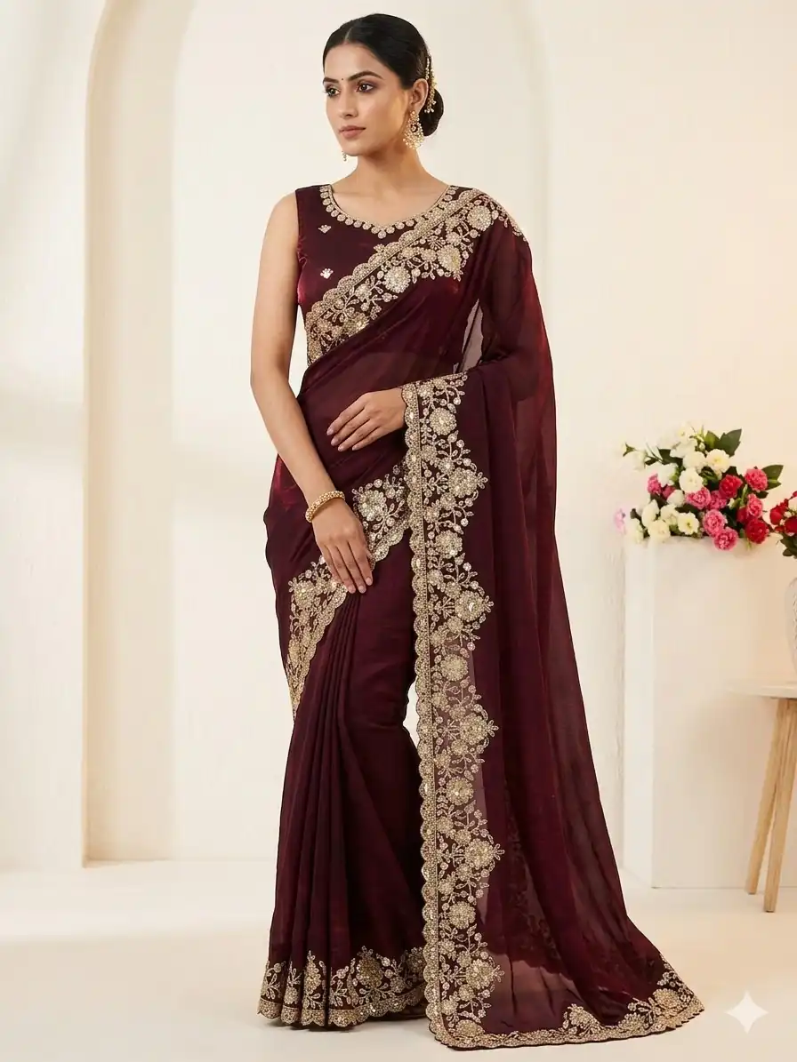 JR 670 Maroon in Space Silk Embroidery Work & Zari Work Saree . Available at ₹1949 only. Delivery 4-6 Working Days. Shop now. | Bollywood Sarees, Creative Sarees, Designer Sarees, Embroidered Sarees, Ethnic Saree, Modern Digital sarees, Party Wear Sarees, Sarees