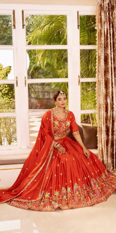 Ram 178 Orange Color Pure Crap Silk Lehenga Choli with Embroidery Work. Best Price ₹2549. Delivery 4-6 Working Days. Shop now. | Bollywood Lehenga, Creative Lehenga, Designer Lehenga, Embroidered Lehenga, Lehenga, Party Wear Lehenga