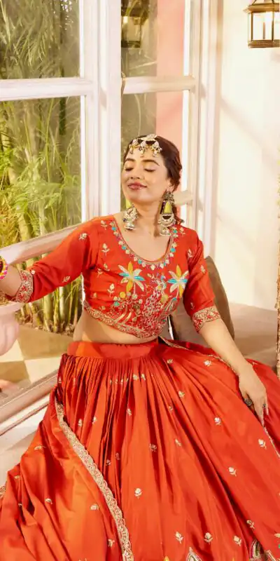 Ram 178 Orange Color Pure Crap Silk Lehenga Choli with Embroidery Work. Best Price ₹2549. Delivery 4-6 Working Days. Shop now. | Bollywood Lehenga, Creative Lehenga, Designer Lehenga, Embroidered Lehenga, Lehenga, Party Wear Lehenga
