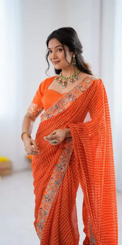 SP 79 Orange Faux Georgette Saree Perfect for Wedding, Party, Lohri, Engagement, Baby Shower – . Now at just ₹1999. Delivery 4-6 Working Days. Shop now | Bollywood Sarees, Creative Sarees, Designer Sarees, Embroidered Sarees, Ethnic Saree, Modern Digital sarees, Party Wear Sarees, Sarees