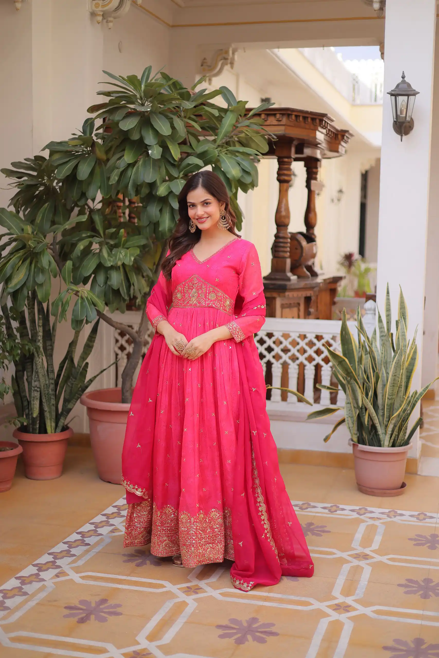 KA 1235 Pink Color Russian Silk Gown with Zari Work & Embroidery Work. Now at just ₹2499. Delivery 4-6 Working Days. Shop now. | Bollywood Gowns, Creative Gowns, Designer Gowns, Embroidered Gowns, Gowns, Party Wear Gowns