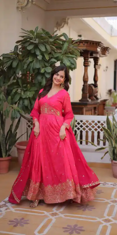 KA 1235 Pink Color Russian Silk Gown with Zari Work & Embroidery Work. Now at just ₹2499. Delivery 4-6 Working Days. Shop now. | Bollywood Gowns, Creative Gowns, Designer Gowns, Embroidered Gowns, Gowns, Party Wear Gowns